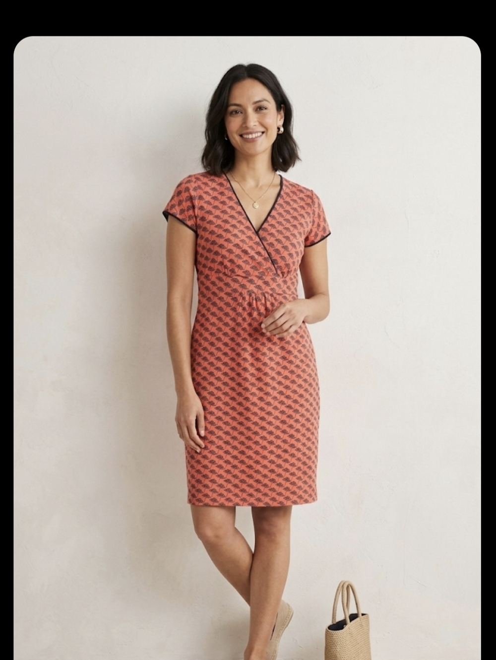 BODEN Umbrella Print Faux Wrap Midi Dress Cap Sleeve Coral/Navy Size 12